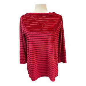 Jones New York Striped Blouse~Size Small~Red Black Sheer Velvet Feel Top L1 04